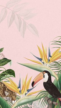 Toco toucan bird phone wallpaper, pink exotic plant border