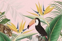 Toco toucan bird background, pink exotic plant border