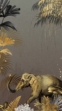 Vintage jungle elephant phone wallpaper, gold wildlife background