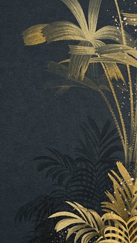 Gold palm leaf iPhone wallpaper, botanical border blue background