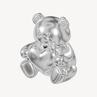 Silver teddy bear holding heart, 3D illustration