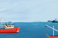 Fishing boats, blue background, aesthetic paint illustration