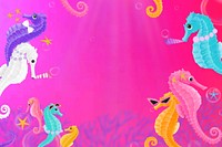 Seahorse party frame, pink background, aesthetic paint illustration