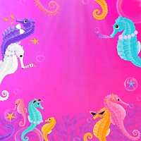 Seahorse party frame, pink background, aesthetic paint illustration