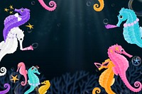 Seahorse party frame, black background, aesthetic paint illustration