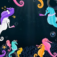 Seahorse party frame, black background, aesthetic paint illustration