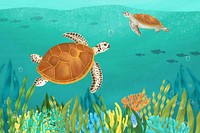 Sea turtles, green background, aesthetic paint illustration