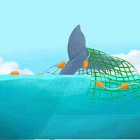 Illegal fishing, blue background, aesthetic paint illustration