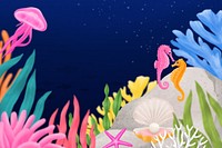 Coral reef border, blue background, aesthetic paint illustration