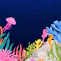 Coral reef border, blue background, aesthetic paint illustration