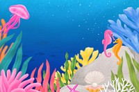 Coral reef border, blue background, aesthetic paint illustration