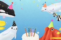 Sea life birthday party, blue background, aesthetic paint illustration