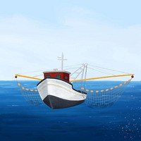 Fishing trawler, blue background, aesthetic paint illustration