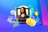 Mona Lisa holding smartphone, cryptocurrency 3D design. Remixed by rawpixel.