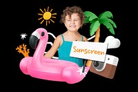 Sunscreen for kids word element, 3D collage remix design