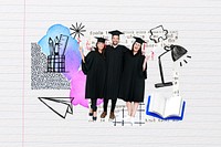 Cheerful diverse graduates, education doodle remix