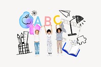 Children holding alphabets, education doodle remix