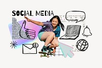 Social media word, skater girl, digital doodle remix