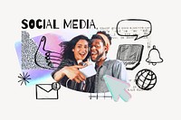 Social media word, couple taking selfie, digital doodle remix