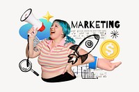 Marketing word, woman holding megaphone remix