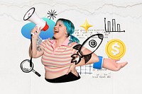 Woman holding megaphone, marketing doodle remix