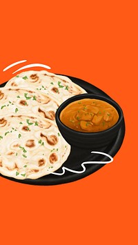 Indian butter chicken phone wallpaper, naan bread illustration