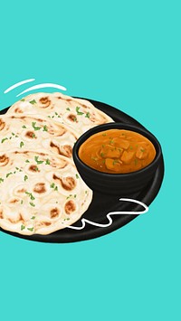 Indian butter chicken phone wallpaper, naan bread illustration