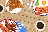 Breakfast food illustration background, wooden table illustration