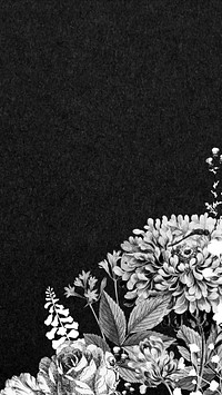 Vintage flower border mobile wallpaper, black and white botanical illustration