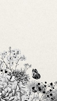 Vintage flower border mobile wallpaper, black and white botanical illustration