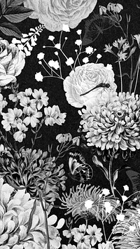 Vintage flower phone wallpaper, black and white background