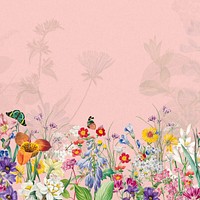 Pink wildflowers aesthetic background, colorful botanical border 