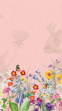 Pink wildflowers aesthetic iPhone wallpaper, colorful botanical border background