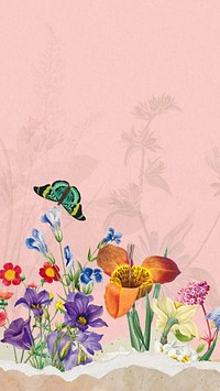 Pink wildflowers aesthetic iPhone wallpaper, colorful botanical border background