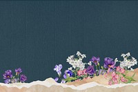 Blue aesthetic flowers background, ripped paper border