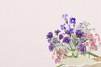 Purple bluebell flowers background, ripped paper border 