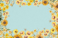 Spring sunflowers frame background, blue design