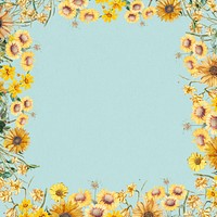 Spring sunflowers frame background, blue design