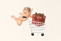 Gift box in shopping cart, cupid. Remixed by rawpixel.