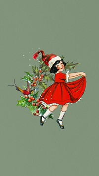 Dancing Christmas girl phone wallpaper, vintage festive background. Remixed by rawpixel.