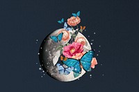 Floral moon butterfly, surreal collage art