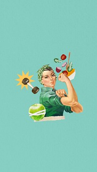 Healthy diet lifestyle phone wallpaper, flexing woman illustration. Remixed by rawpixel.