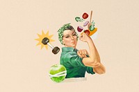 Flexing woman, healthy diet & wellness collage. Remixed by rawpixel.