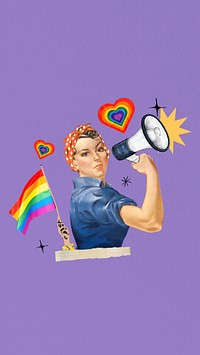 LGBTQ pride flag phone wallpaper, vintage woman illustration. Remixed by rawpixel.