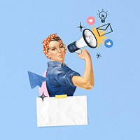 Woman holding megaphone, note paper, social media vintage. Remixed by rawpixel.