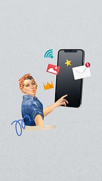 Social media marketing  phone wallpaper, vintage woman illustration. Remixed by rawpixel.