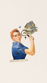 Real estate seeking  phone wallpaper, vintage woman illustration. Remixed by rawpixel.