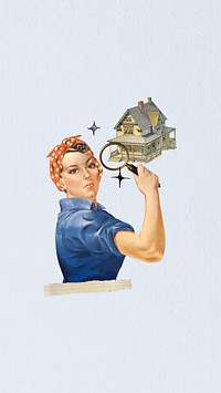 Real estate seeking  phone wallpaper, vintage woman illustration. Remixed by rawpixel.