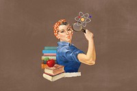 Science education, woman holding magnifying glass collage. Remixed by rawpixel.