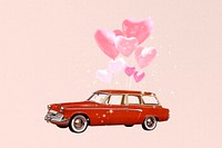 Valentine's celebration car, floating heart balloons collage art